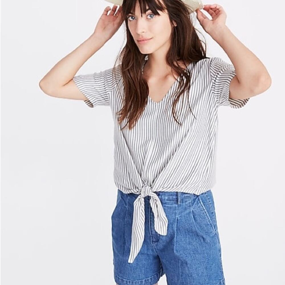 Madewell Tie Front V-neck Navy Striped Short Sleeve Tee Size XS